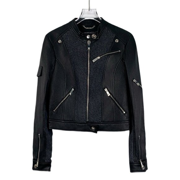 Versace Womens Black Patchwork Sheepskin Leather Jacket With Zipper Accents & Me - Picture 1 of 8